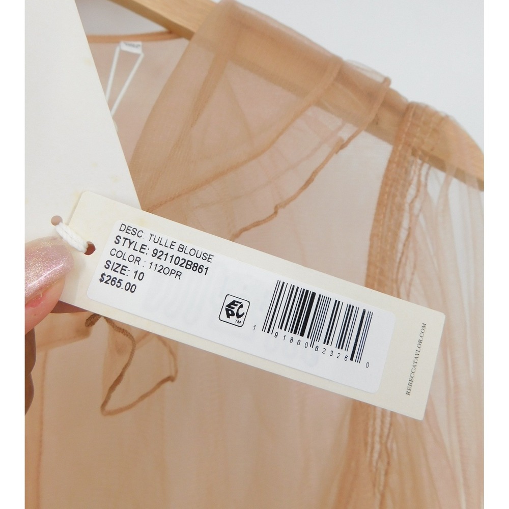 Rebecca Taylor Tulle Ruffle Front Blouse Peach Tan Sheer Top 921102B861 Size 10 - Picture 5 of 6